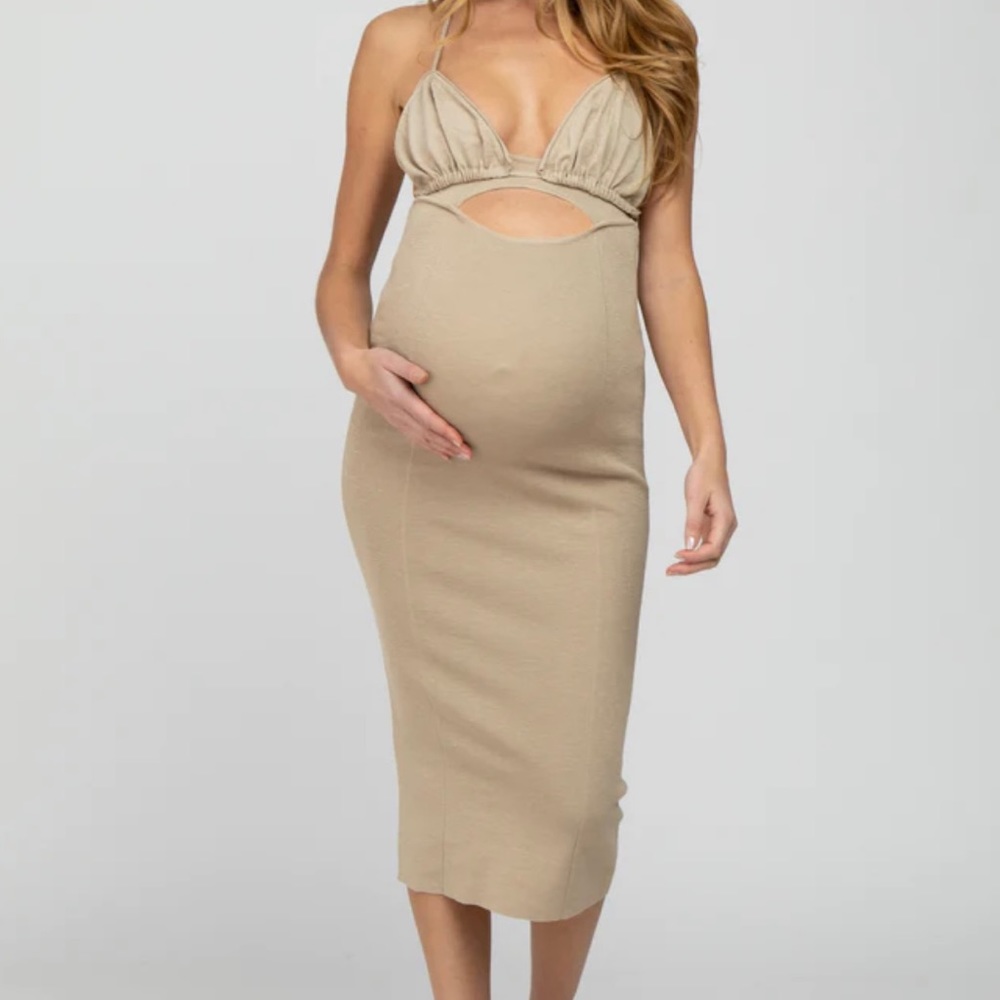Taupe Front Cutout Halter Maternity Midi Dress